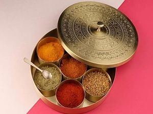 Round <b>Metal</b> Masala <b>Box</b> For Traditional Indian Spice Keeping With Durable Finish And Compact Kitchen Design - Product Image 2