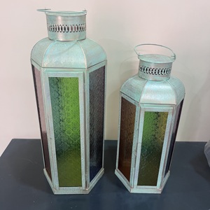 Vintage Iron <b>Lantern</b> <b>Set</b> of 2 with Colored Glass Handmade Candle <b>Lantern</b> for Ramadan Eid Home Wedding Decor - Product Image 2