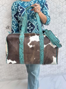 กระเป๋าเดินทางหนังวัวแท้กระเป๋าใช้หลายแบบกระเป๋าทําด้วยมือกระเป๋าเดินทาง Unisex ขนาดใหญ่สีเทอร์ควอยซ์ผมบนกระเป๋าถือขนซ่อน - Product Image 5