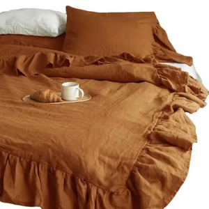 Parure de lit en lin rustique à volants, couleur unie, avec taies d'oreiller, effet délavé, pour la maison - Product Image 1