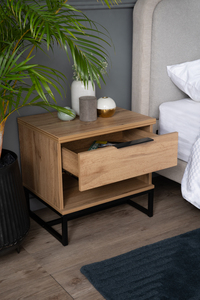 Modern Wotan Oak Metal Bedside <b>Table</b> with Black Steel Legs Bedroom Nightstand <b>End</b> <b>Table</b> - Product Image 6