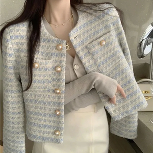 <b>Women's</b> Vintage Cropped Korean Tweed Striped Casual Spring Autumn Button <b>Jackets</b> 2024 - Product Image 1