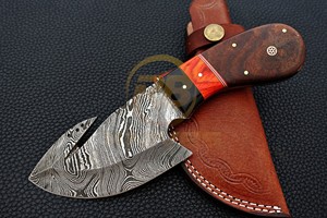 Couteau de chasse et de survie en acier Damas fait main sur mesure avec crochet à dépecer, fourreau en bois et cuir - Fabrication personnalisée DIY - Garantie 3 ans - Product Image 2