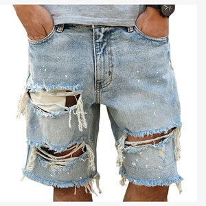 Shorts Bermuda en jean déchiré bleu clair pour homme, taille mi-haute, couleur unie, fermeture boutonnée, style décontracté, tissu en coton tissé - Product Image 1