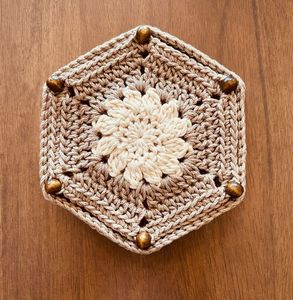 Geometric Flower Shaped Hex Coaster Crochet Beige Brown Bead Premium Yarn Heat Resistant Cup Mat Boho Rustic <b>Kitchen</b> Essential - Product Image 1