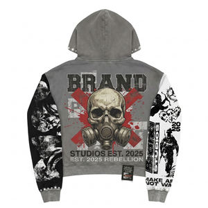 Sweat à capuche unisexe oversize en coton avec fermeture éclair, motif graphique personnalisé en strass, coupe carrée, effet délavé, style streetwear - Product Image 2