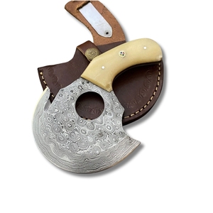 Custom Hand Forged Damascus Steel Hunting Ulu Alaskan Pizza Cutter Hatchet Wood <b>Handle</b> 3 1/2 Cutting Edge Handmade Chef Kitchen - Product Image 1