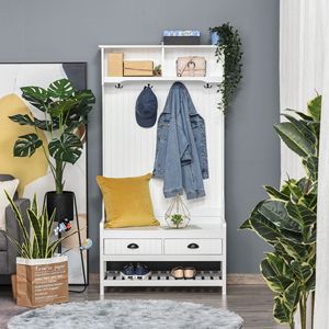 Panca da Ingresso 3-in-1 Bianca Imbottita con Appendiabiti, Scarpiera, 2 Cassetti Contenitori e 4 Ganci - Per Arredamento Casa e Hotel - Product Image 2