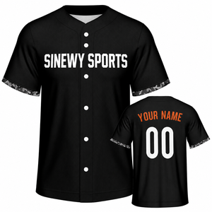 Maillot de baseball SINEWY SPORTS pour homme, manches courtes, noir, en mesh, imprimé par sublimation, boutons sur le devant, unisexe adulte, anti-transpiration - Product Image 1