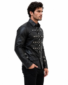 Camisa gótica de cuero negro para hombre con hebilla, corte ajustado, cuello vuelto, manga regular, chaqueta de moda para fiesta. - Product Image 5