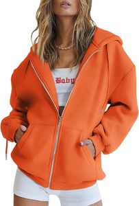 Sudadera con capucha naranja para mujer, con cremallera, manga larga, tejida, transpirable, holgada, de color liso, para otoño, con diseño de bolsillos - Product Image 2