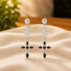 Pendientes Colgantes de Plata de Ley 925 con Cruz de Estrella y Gema Negra Marquise, Joyería para Mujer para Bodas y Fiestas - Product Image 1