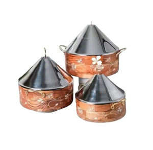 Luxury Food Warmers 3 Pcs Handmade Metal and Wooden Round Casseroles With Mother of Pearl Highlights for Premium Serving - Product Image 6
