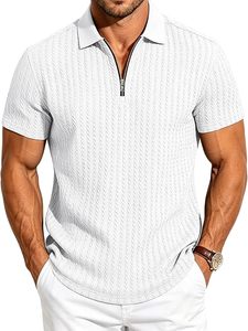 Chemises polo à col zippé pour hommes, décontractées, en maille texturée, à manches courtes, pour l'été, la plage, les vacances, extensibles, pour le golf - Product Image 1