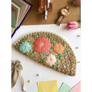 Sac à main en jute tissé à la main avec garniture en perles et broderie florale rose, sac de soirée, accessoire de mode pour femme - Product Image 4