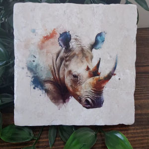 Sous-verres en marbre rhinocéros rustique, sous-verres animaux de la savane, décoration de maison unique, cadeau rhinocéros - Product Image 1