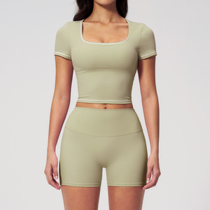 Yoga <b>Set</b> 2 Piece High Waist Crop Top Shorts Solid Color Racerback <b>Square</b> Neck Sport Wear for Women - Product Image 2