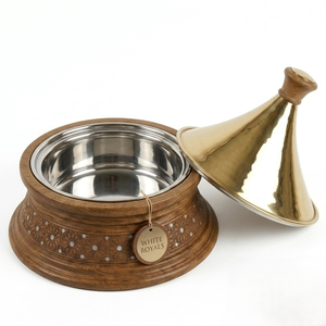 Tajine de service élégant et luxueux en bois et métal, style Héritage Ramadan, avec incrustation de nacre, idéal pour offrir en cadeau de luxe - Product Image 3