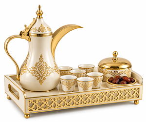 Middle Eastern Dallah <b>Tea</b> <b>Set</b> With Gold Accents And Decorative Tray - Product Image 2