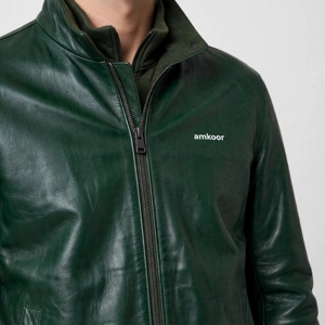 Chaqueta de Motociclista Amkoor para Hombre, de Cuero Genuino Verde, Cuello Alto, Cierre de Cremallera, Corte Ajustado, Estilo Casual - Product Image 6