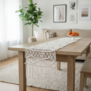 Chemin de table en macramé blanc en coton fait main, taille personnalisée, avec pompons, style bohème, pour mariage, 14x78 pouces - Product Image 6