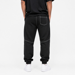 Hip Hop Streetwear Men Baggy Black Sweatpants <b>White</b> Contrast Stitch Panel <b>Joggers</b> with Drawstring - Product Image 4