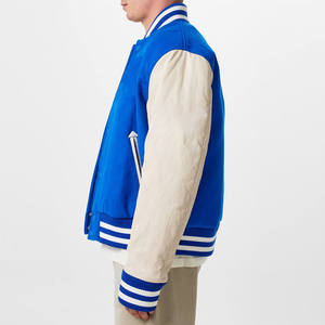 Men Blue Varsity <b>Jacket</b> With Cream Sleeves Regular Fit Turn-Down Collar Single Breasted Button Closure Solid Color Casual Style - Product Image 3