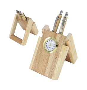 Support à stylos en bois naturel avec horloge, support de rangement portable pour papeterie, pour bureau, support à stylos de luxe - Product Image 1