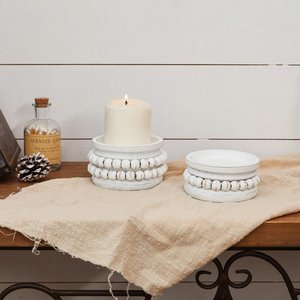 Support de bougie en bois perlé blanc vieilli, style rustique chic, rond, pour centre de table - Product Image 2
