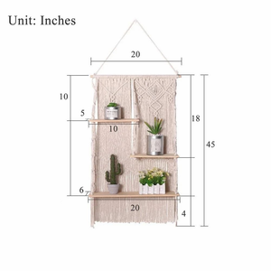 Handmade White Cotton Rope Macramé Wall Hanging <b>Shelves</b> with <b>Pine</b> Wood Multiple Tier Decorative Storage <b>Shelf</b> for Home Décor - Product Image 2