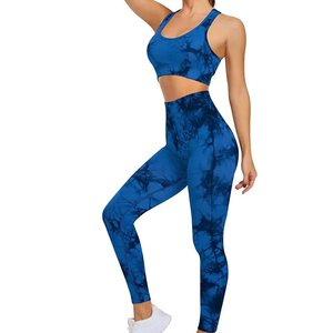 <b>Blue</b> 2 Piece Yoga Set Seamless High Waist Leggings Crop Top Racerback Sleeveless Solid Color Full Length Activewear - Product Image 5