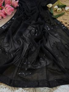 Indian Traditional Ethnic Beautiful Georgette Saree with Embroidery <b>Sequins</b> Work for Women Wedding Party Wear Elegant Outfit - Product Image 4