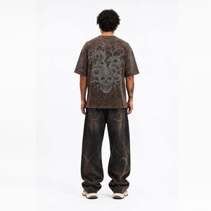 Camiseta Oversize de Algodón Lavado con Calavera de Pedrería para Hombre, Manga Corta, Cuello Redondo, Estilo Gótico, Ajuste Holgado - Product Image 5