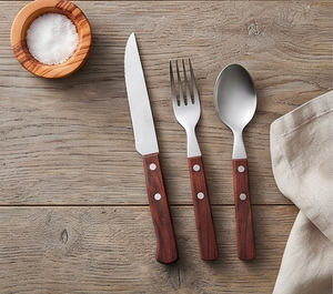 Juego de cubiertos de madera premium con mango de madera, cuchara, tenedor, cuchillo, vajilla de diseño para hotel, restaurante, utensilios de cocina y comedor. - Product Image 1