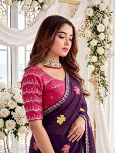 AARA Fashion Purple Floral Embroidered Rayon Saree Pink <b>Blouse</b> for Women Sun Protection All Seasons Traditional Wedding Wear - Product Image 4