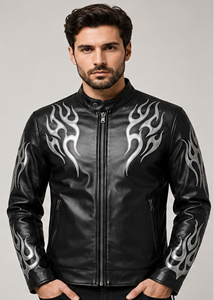 Chaqueta de Motocicleta Casual de Invierno para Hombre, de Piel de Oveja, Resistente al Viento, Impermeable, Transpirable y Ecológica, Color Negro Plata Flame American - Product Image 3