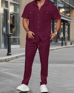 Men's Green Short Sleeve Shirt And Long <b>Pants</b> Casual Two-Piece Set Turn-<b>Down</b> Collar Breathable Knitted Cotton Summer Wear - Product Image 4