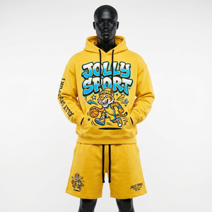 ชุดเซ็ตเสื้อสเวตเชิ้ตผ้าฝ้ายฟลีซสีส้มพรีเมียม 300 GSM พร้อมกางเกงขาสั้นสีกรมท่า แต่งขอบยางยืด พิมพ์โลโก้ตามสั่ง สำหรับผู้ชาย - Product Image 5