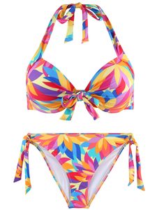 Conjunto de bikini de dos piezas para mujer con estampado floral, control de abdomen, cuello en V, recortes, cordones, talle medio, traje de baño de verano, ropa de playa - Product Image 2