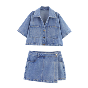 100% Denim Fabric Made Women's Denim <b>Jeans</b> Twin Set Machine Stitched Low MOQ Custom Made Knitted Denim Top Skirts Sets - Product Image 1