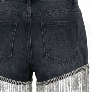 Shorts en jean pour femme, délavage moyen, avec poches décorées et strass sur le bas, qualité supérieure, pour soirée _1 - Product Image 5