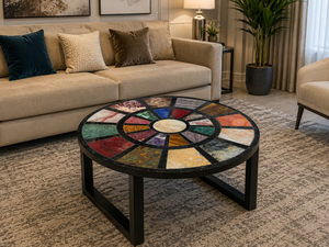Mesa de Centro de Lujo con Incrustaciones de Mármol Negro, Hecha a Mano con Piedras Preciosas Pietra Dura, Ecológica, Moderna, para Oficina, Día de la Independencia, Despedida - Product Image 1