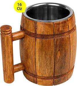 Chope à bière artisanale en bois avec tasse en acier inoxydable, mug vintage avec poignée, chope à bière pour bar à domicile, fête ou festival - Product Image 4