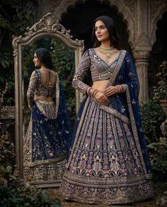 Élégant Lehenga Choli bleu marine en faux georgette, longueur ras du sol, broderie dorée, infroissable, séchage rapide, pour mariage indien pakistanais - Product Image 6