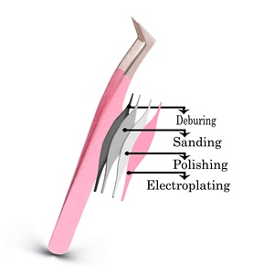 Pince à épiler japonaise en acier inoxydable en forme de L, à pointe en fibre pour volume, avec prise ferme, sans interstices, pointe rose, argentée, antistatique, pour extensions de cils - Product Image 3