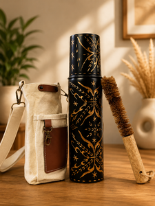Black Engraved Metal Water <b>Bottle</b> Set with Copper Tumbler Carry Bag and Cleaning <b>Brush</b> Oriental Design Portable Travel Drinkware - Product Image 2