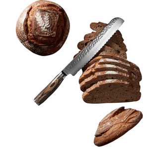 Couteau à pain de 9 pouces, lame en acier inoxydable martelé dentelé, manche en bois, couteau de cuisine professionnel pour couper le pain, les gâteaux et les pâtisseries - Product Image 5
