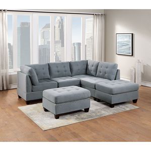 Set di mobili da soggiorno componibili 6 pz con sezione a L in tessuto grigio di lino trapuntato teste per unghie 2x zeppe angolari 2x poltrone senza braccia 2x - Product Image 1