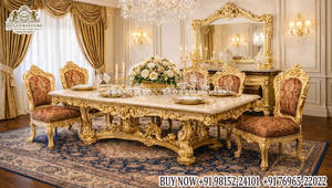 Juego de Sillas de Comedor de Respaldo Alto Estilo Principe para Casa de Estilo Mansion, Muebles de Comedor Exclusivos con Tallados Elaborados, Juego de Comedor Real con Hojas Doradas - Product Image 6