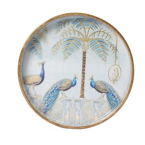 Bandeja Decorativa con Estampado de Pavo Real y Palmera, Bandeja Redonda de Madera de Lujo para Servir, Venta al Por Mayor para Pedidos al Mayoreo y Uso Doméstico - Product Image 1